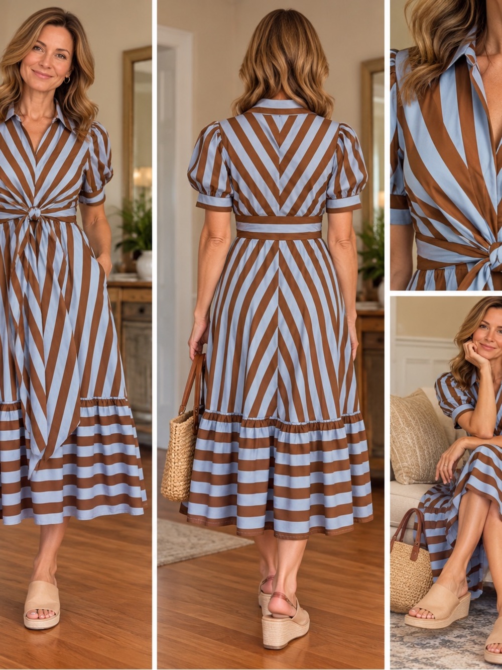 entro Blue & Brown Striped Tie-Waist Midi Dress